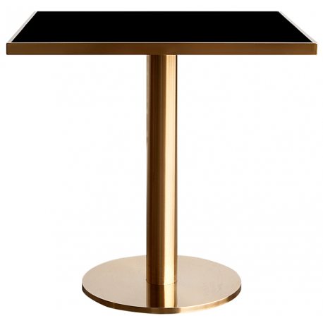 Mesa de bar con pie dorado y sobre negro de cristal 