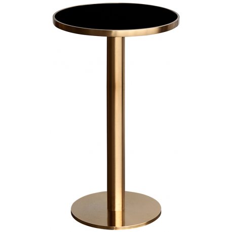 Mesa de bar con sobre de cristal negro y pie central dorado