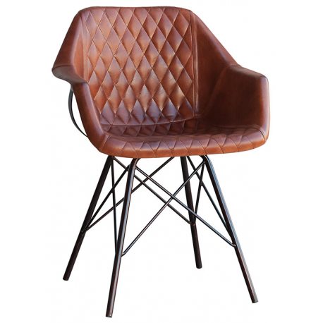Sillón de piel para salón comedor con estructura metálica y asiento en piel con tapizado romboidal