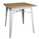 mesa de acero blanco y madera para negocios de hostelería