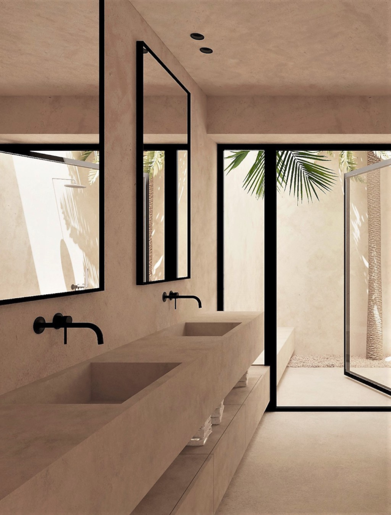 baño minimalista en colores neutros y detalles en negro