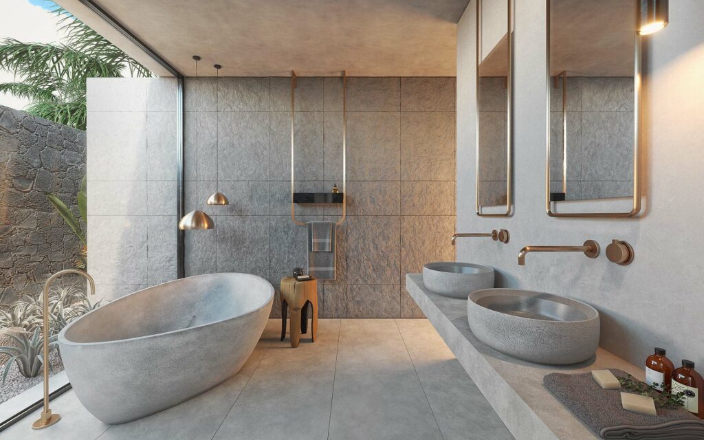 baño de estilo rústico moderno con bañera de piedra