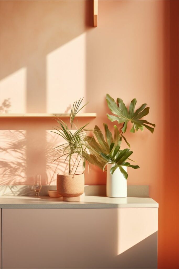 Peach Fuzz puede ser una elección estupenda para las paredes de tu hogar. Pintar una pared de acento o incluso toda una habitación con este tono puede infundir calidez y frescura. 
